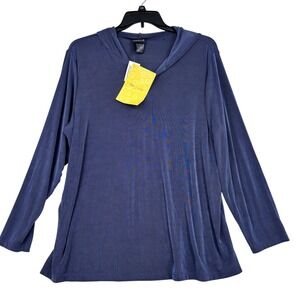 Citiknit Hooded V Neck Long Sleeve Top Womens 2X Blue Slinky Stretch Lightweight